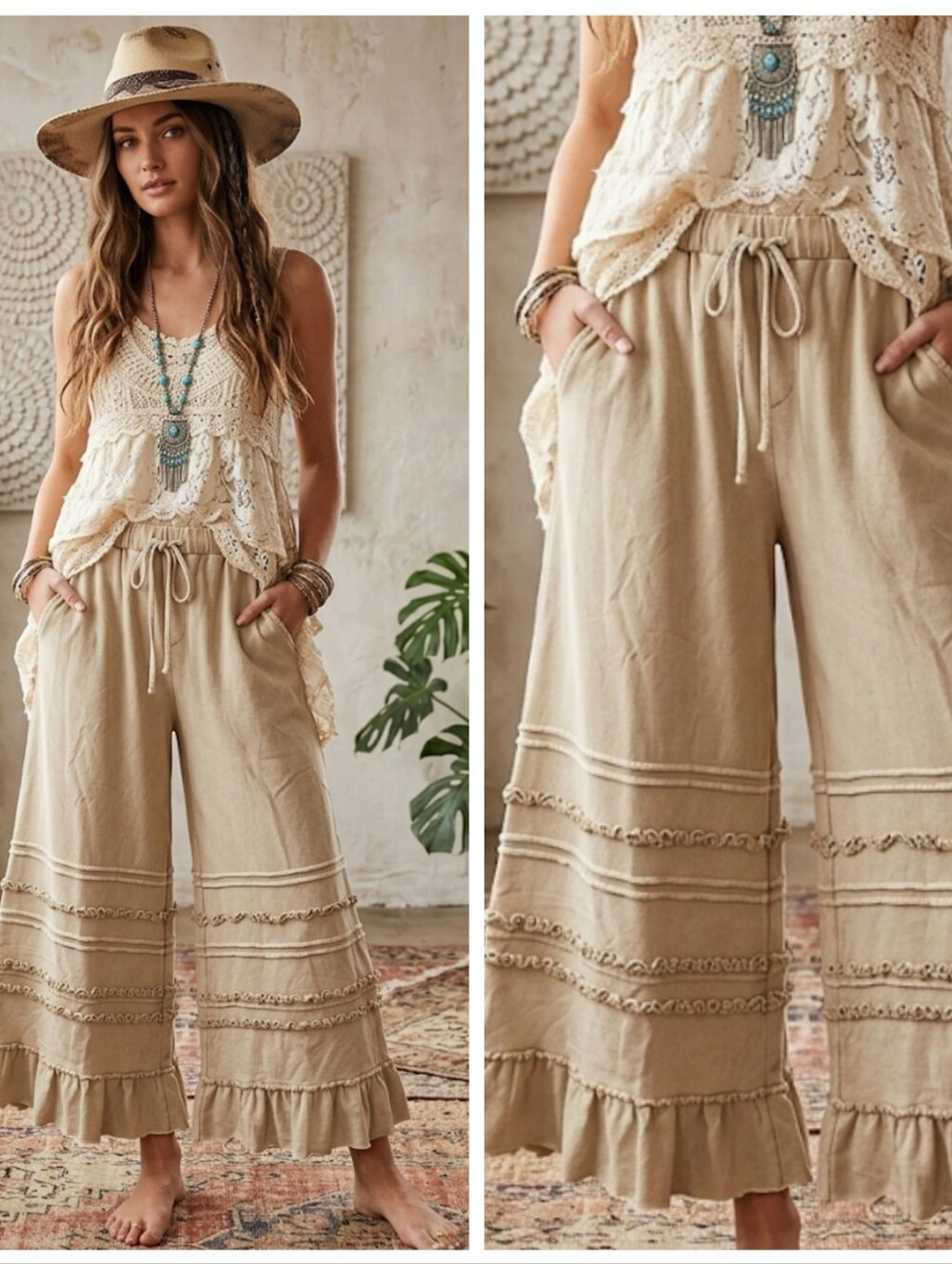 Boho Wide-Leg Ruffle Crop Pants Bloomers